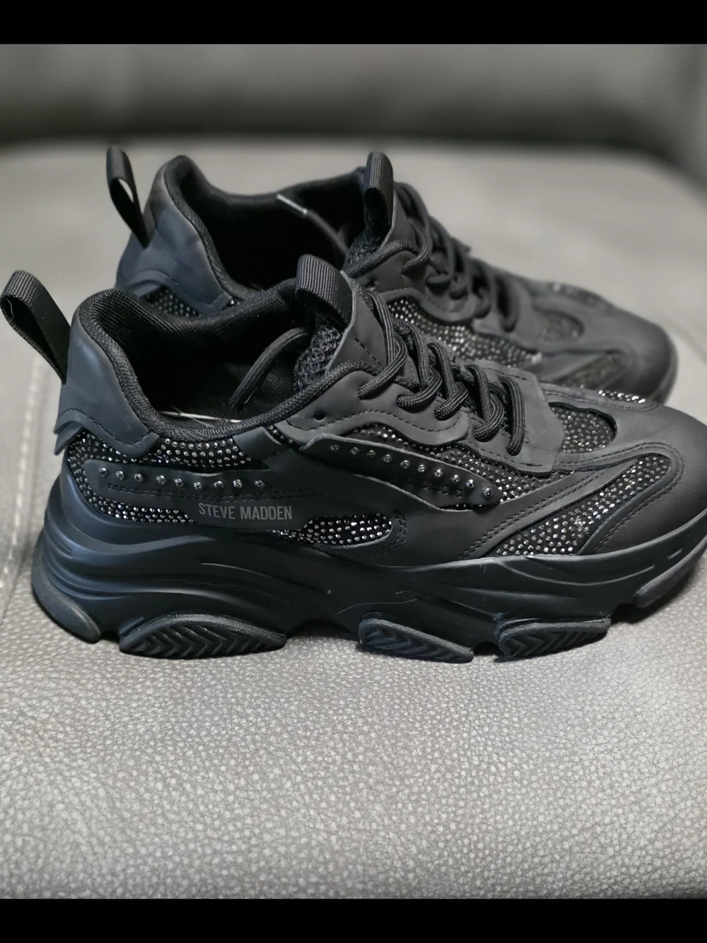 Steve Madden Women's Black Mesh & Rhinestone Accent Sneakers- OBSESSION